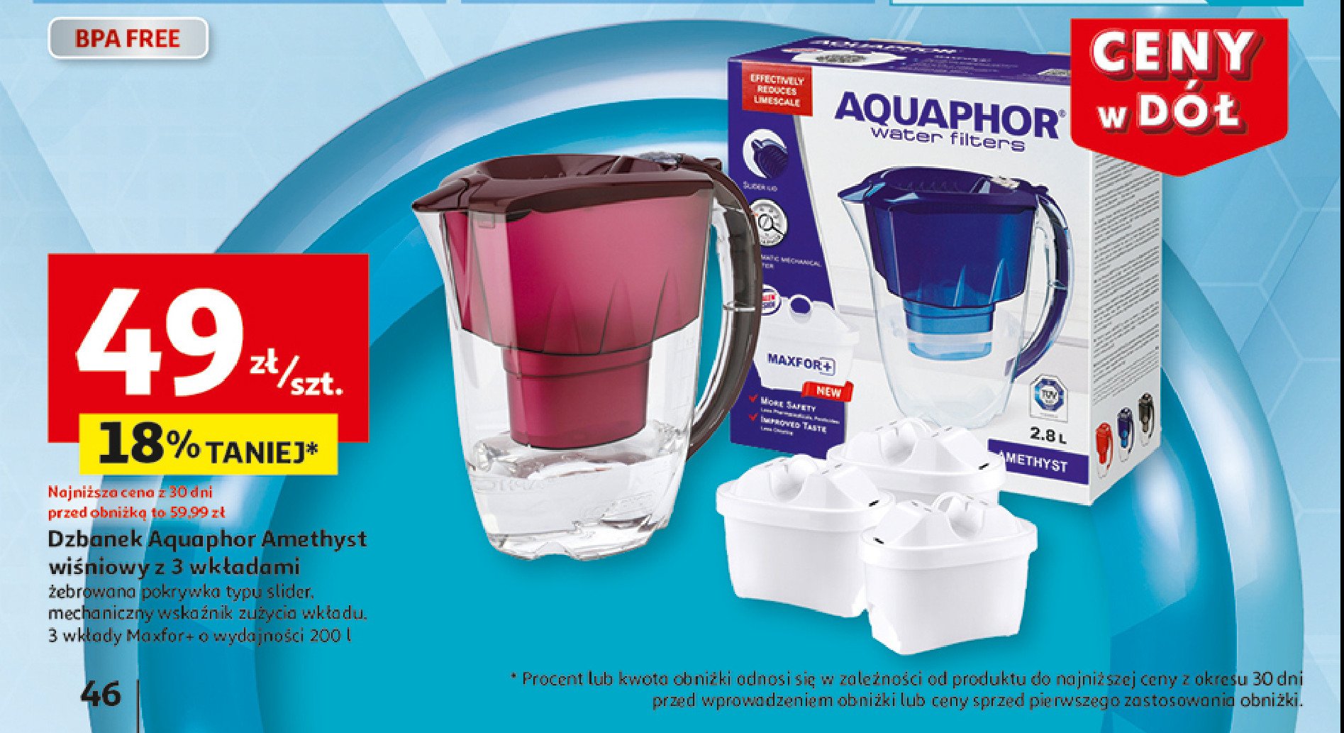 Dzbanek amethyst 2.8 l czerwony + 3 wkłady b100-25 Aquaphor promocja w Auchan