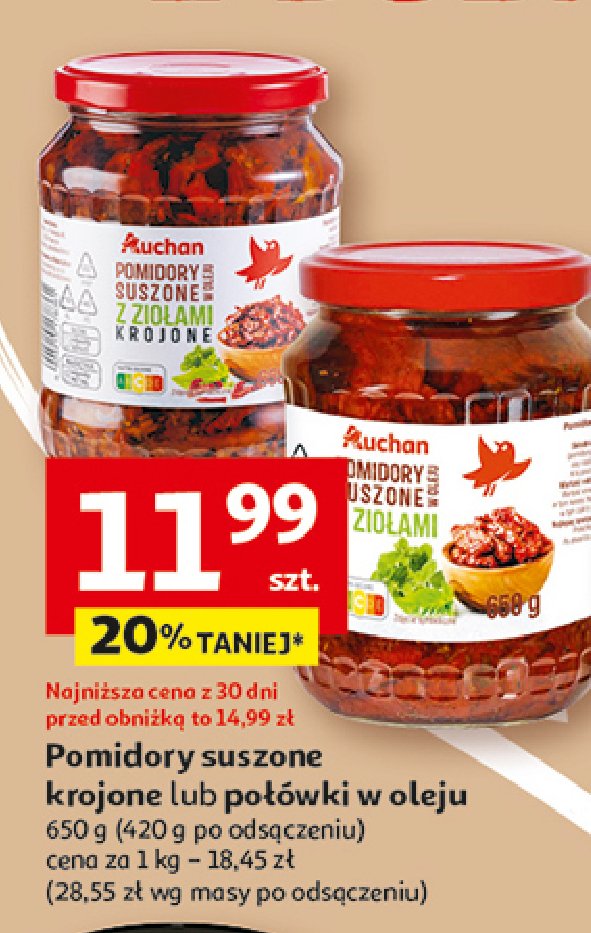 Pomidory suszone w oleju z ziołami krojone Auchan różnorodne (logo czerwone) promocja