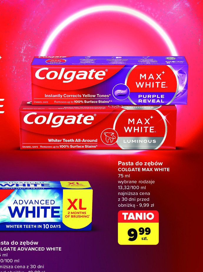 Pasta do zębów luminous Colgate max white promocja w Carrefour