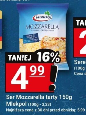 Ser Mozzarella tarty 150g Mlekpol promocja w Hitpol