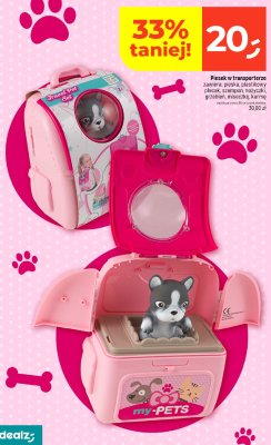 Piesek w transporterze zawiera: pieska, plastikowy plecak, szampon, nożyczki, grzebień, miseczkę, karmę promocja w Dealz