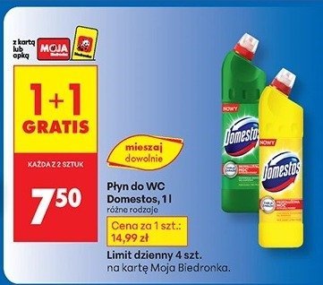 Płyn do WC Domestos 1 l 1+1 gratis promocja w Biedronka