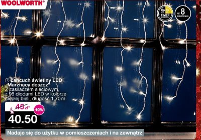 Łańcuch świetlny LED "Marznący deszcz" z zasilaczem sieciowym, z 96 diodami LED w kolorze ciepłej bieli, długość 1,70m promocja w Woolworth