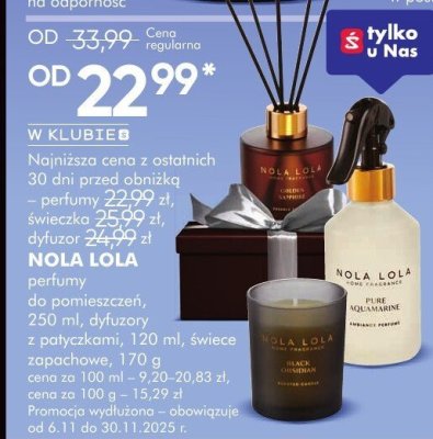 Perfumy Nola Lola do pomieszczeń, 250 ml, dyfuzory z patyczkami, 120 ml, świece zapachowe, 170 g promocja w Super-Pharm