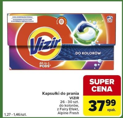 Kapsułki do prania VIZIR 26-30 szt. do kolorów, z Fairy Efekt, Alpine Fresh promocja w Carrefour Express