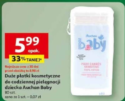 Duże płatki kosmetyczne do codziennej pielęgnacji dziecka Auchan Baby promocja w Auchan
