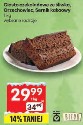 Ciasto czekoladowe ze śliwką, Orzechowiec, Sernik kakaowy promocja w Delikatesy Centrum