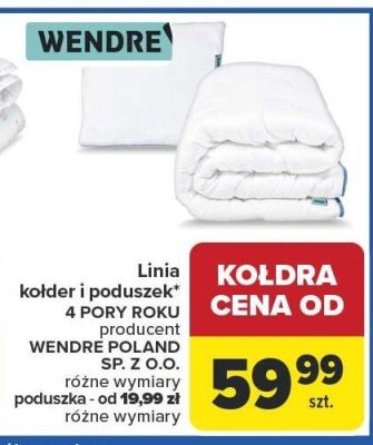 Kołder i poduszek linia 4 PORY ROKU, producent WENDRE POLAND SP. Z O.O., kołdra od 39,99 zł, poduszka od 19,99 zł różne wymiary promocja w Carrefour
