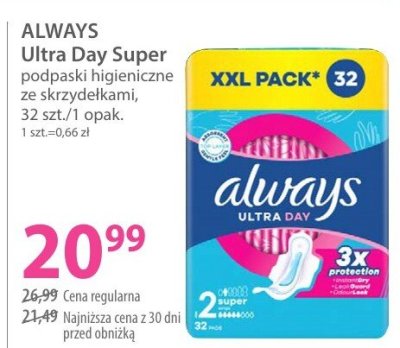 Always Ultra Day Super podpaski higieniczne ze skrzydełkami promocja w Hebe
