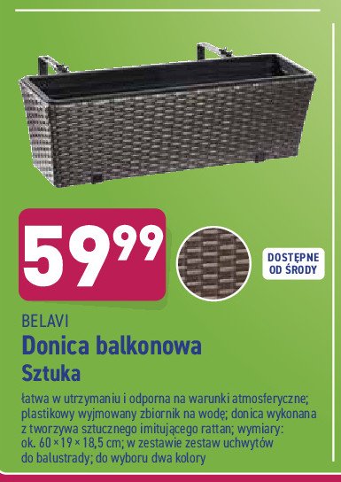 Doniczka balkonowa 60 x 19 x 18.5 cm rattanowa Bela promocja