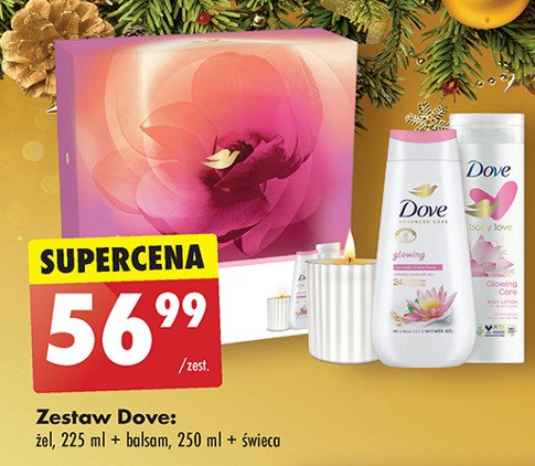 Zestaw w pudełku: żel pod prysznic 225 ml + balsam do ciała 250 ml + świeca Dove zestaw promocja