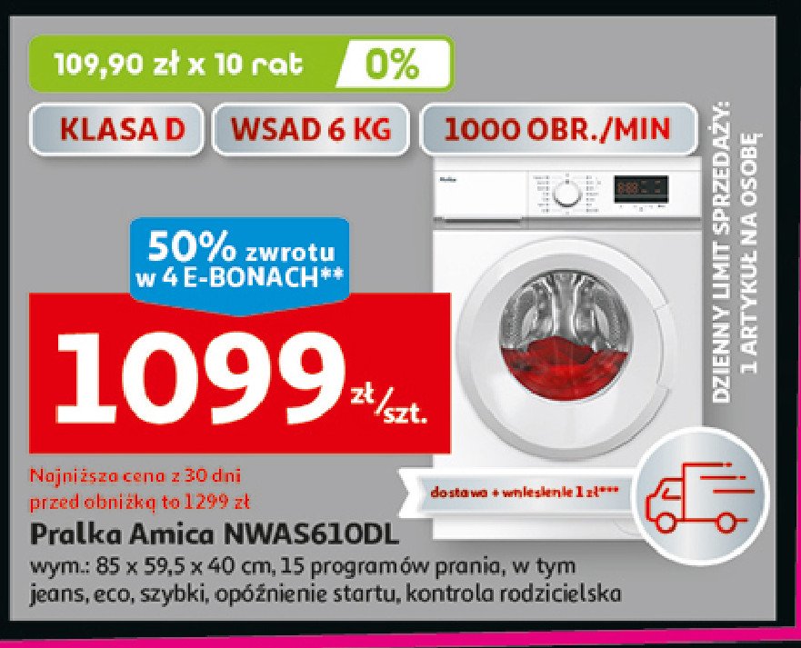 Pralka nwas610dl Amica promocja w Auchan