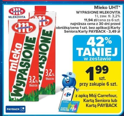 Mleko UHT wypasione Mlekovita 3,2% promocja w Carrefour