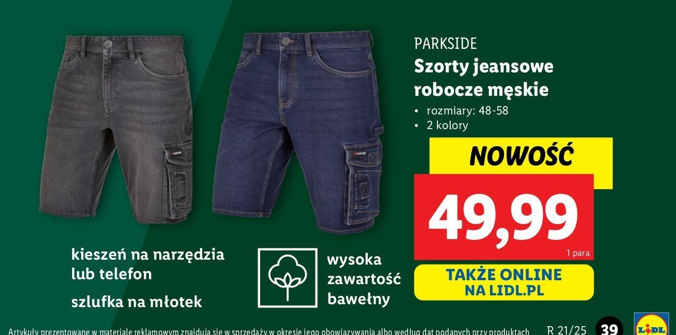 Szorty robocze 48-56 Parkside promocja w Lidl