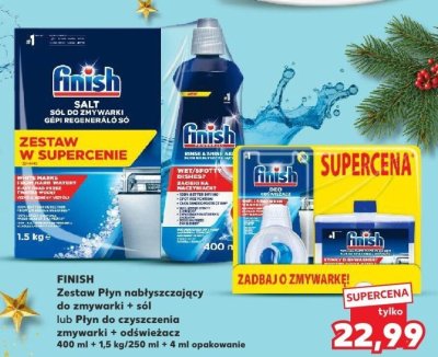 Zestaw Płyn nabłyszczający do zmywarki + sól lub Płyn do czyszczenia zmywarki + odświeżacz Finish 400 ml + 1,5 kg/250 ml + 4 ml opakowanie promocja w Kaufland