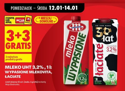 Mleko UHT 3,2% wypasione Mlekovita Łaciate 1l promocja w Biedronka