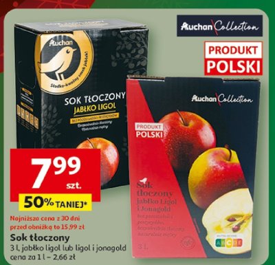 Sok tłoczony jabłko ligol lub ligol i jonagold Auchan Collection 3 l promocja w Auchan