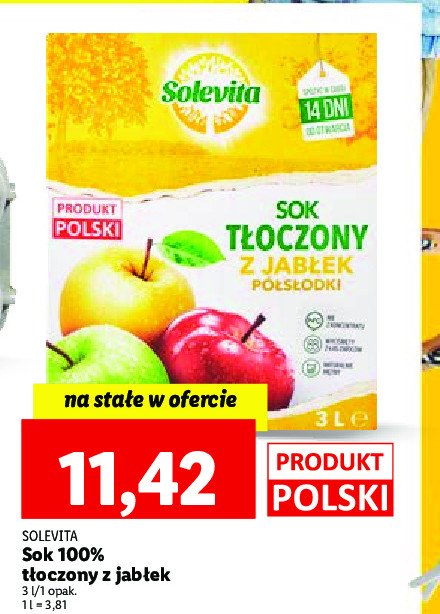 Sok 100% tłoczony z jabłek półsłodki Solevita promocja