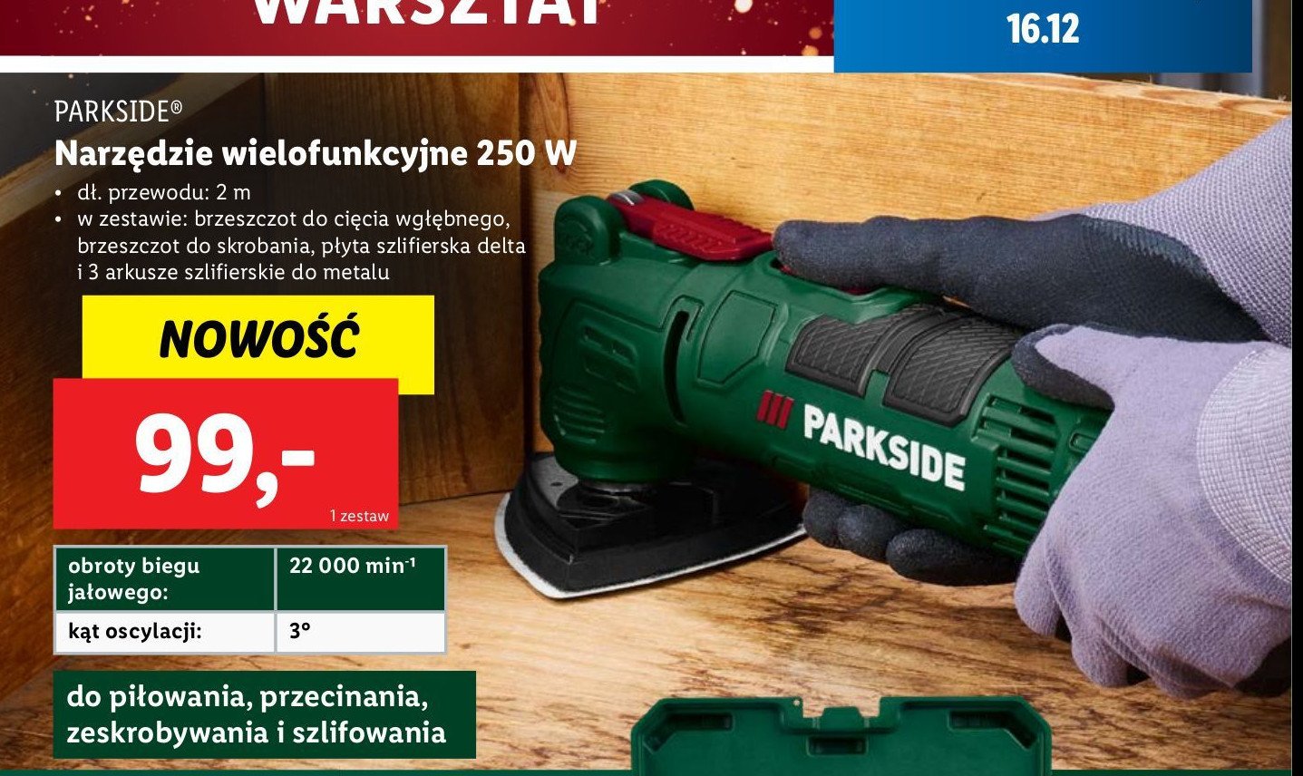 Brzeszczot do cięcia wgłębnego, skrobania, płyta szlifierska i 3 arkusze szlifierskie do metalu Parkside promocja