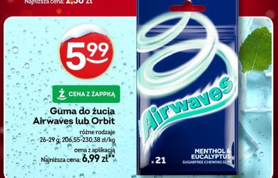 Guma do żucia Airwaves lub Orbit różne rodzaje promocja w Żabka