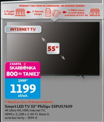 Smart LED TV 55" Philips 55PUS7609 4K Ultra HD, HDR, Internet TV, HDMI x 3, USB x 2, Wi-Fi, Masa G promocja w Auchan
