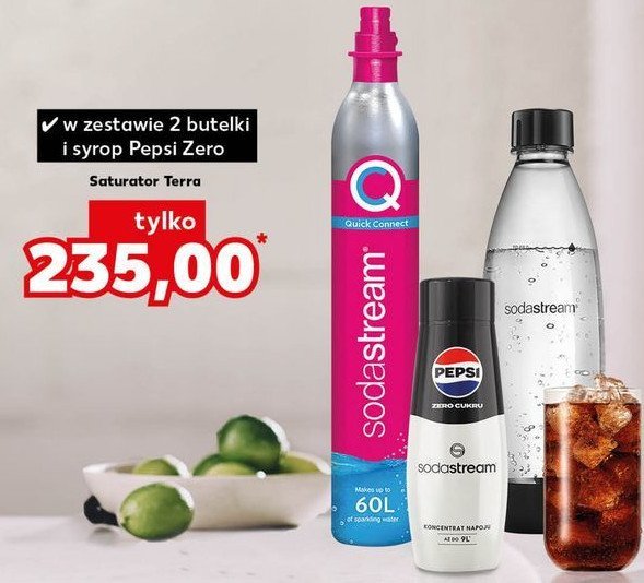 Zestaw: urządzenie terra black + 2x butelki fuse + 2x butelki fuse 0.5l + syrop pepsi max Sodastream promocja w Kaufland