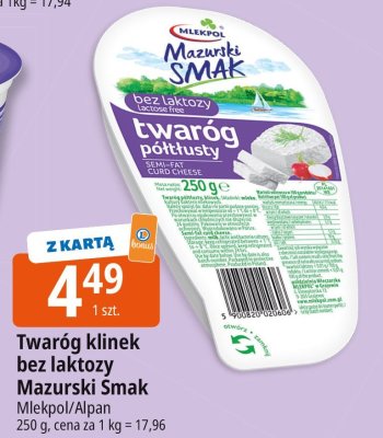 Twaróg klinek bez laktozy Mazurski Smak Mlekpol/Alpan promocja w Leclerc