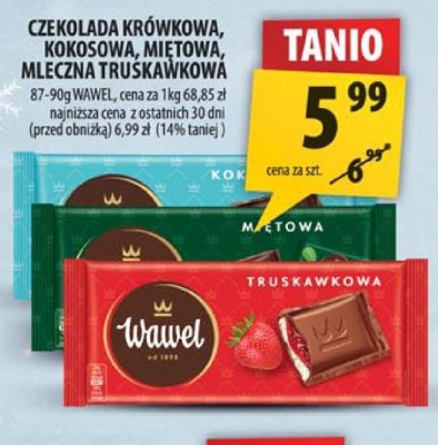 Czekolada krówkowa, kokosowa, miętowa, mleczna truskawkowa Wawel promocja w Arhelan
