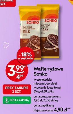Wafle ryżowe Sonko w czekoladzie mlecznej, gorzkiej, w polewie jogurtowej promocja w Żabka