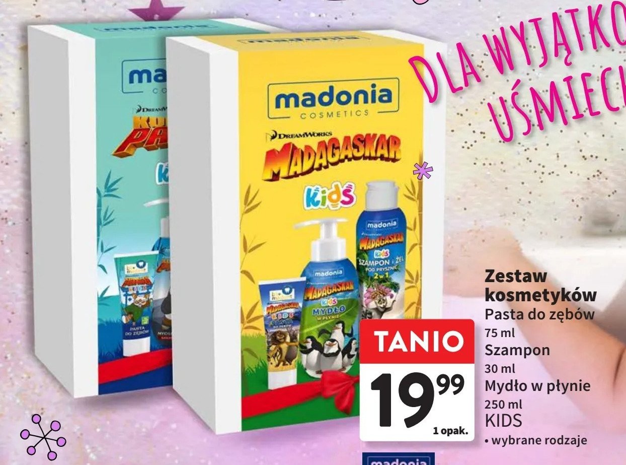 Zestaw w pudełku madagaskar szampon i żel pod prysznic 300 ml + mydło w płynie ciasteczkowa chwila 250 ml + pasta do zębów guma balonowa 75 ml Madonia zestaw promocja