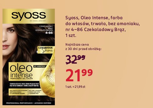 Farba do włosów Syoss czekoladowy brąz 4-86 oleo intense promocja w Rossmann