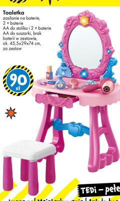 Toaletka zasilanie na baterie, 2 × baterie AA do stolika i 2 × baterie AA do suszarki, brak baterii w zestawie, ok. 45,5x29x74 cm promocja w Tedi