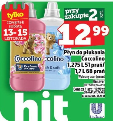 Płyn do płukania Coccolino 1,275 L 51 prań / 1,7 L 68 prań promocja w TOPAZ
