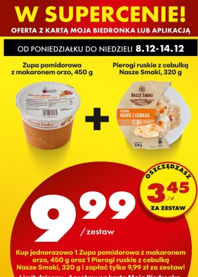 Zestaw: Zupa pomidorowa z makaronem orzo + pierogi ruskie z cebulką Nasze Smaki promocja w Biedronka