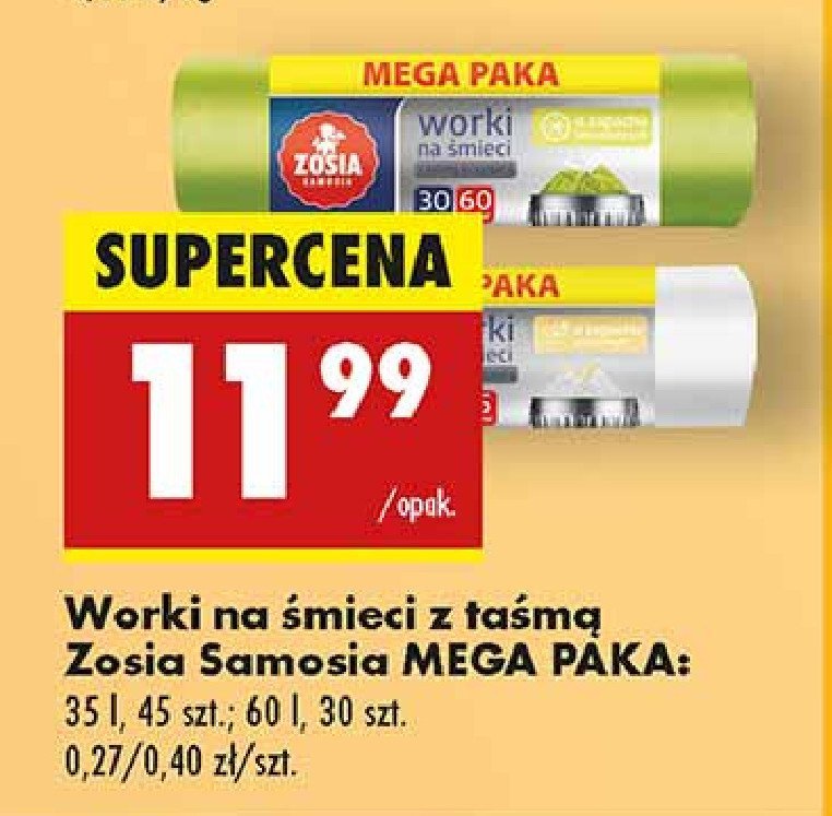 Worki na śmieci 60 l z taśmą ściągającą mocne Zosia samosia promocja w Biedronka