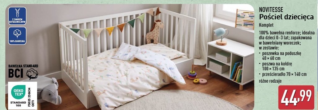Pościel dziecięca 100 x 135 + 40 x 60 cm + prześcieradło 70 x 140 cm Novitesse promocja w Aldi