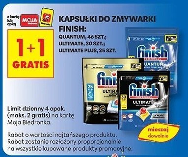 Kapsułki do zmywarki Finish Quantum 46 szt., Ultimate 50 szt., All in 1 45 szt. 1+1 gratis promocja w Biedronka