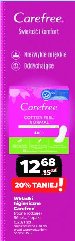 Wkładki cotton feel normal Carefree promocja w Netto