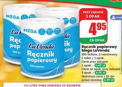 Ręcznik papierowy Mega LaVenda 300 listków, 2-warstwowy 1 rolka / 1 opak. promocja w Dino