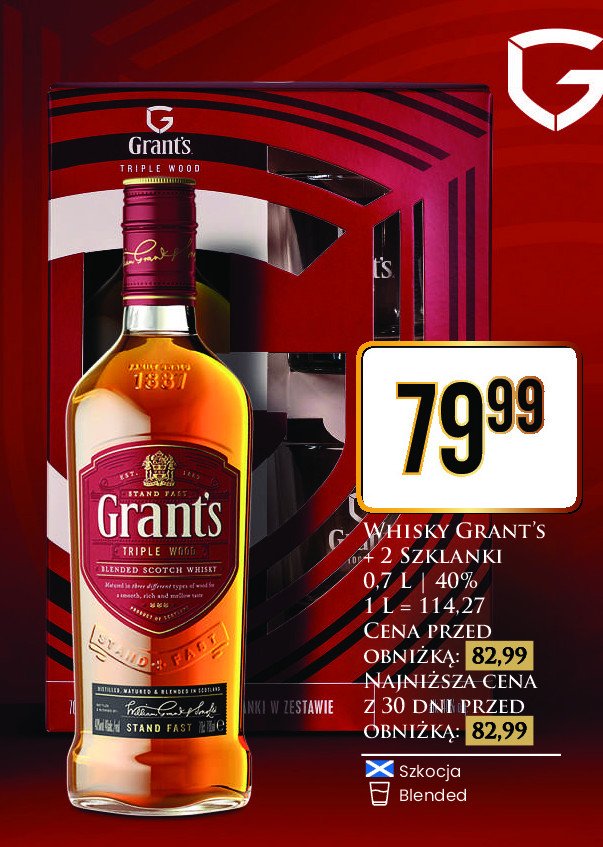 Whisky + 2 szklanki Grant's triple wood promocja