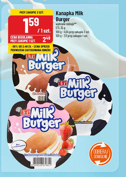 Baton z mlekiem i z miodem truskawkowy Eti milk burger promocja w POLOmarket