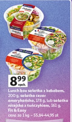 Lunch box sałatka z kebabem 200 g, sałatka cezar amerykańska 178 g lub sałatka nicejska z tuńczykiem 161 g Fit & Easy promocja w Auchan