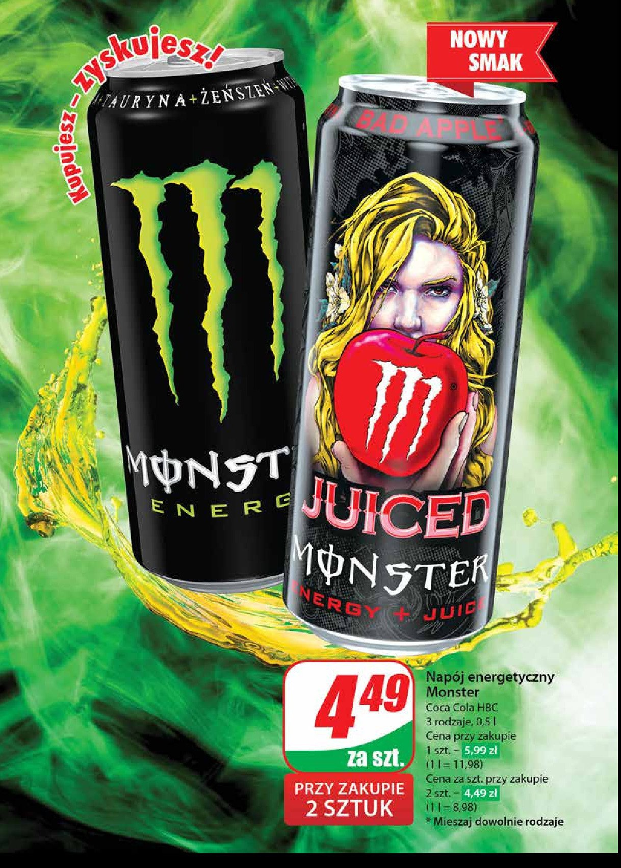 Napój energetyczny bad apple Monster energy juiced promocja w Dino