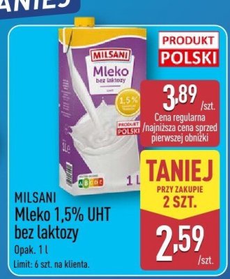 Mleko 1,5% UHT bez laktozy MILSANI promocja w Aldi