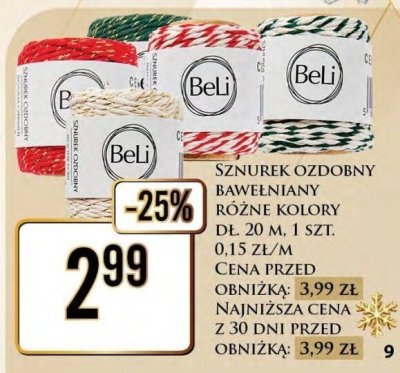 Sznurek ozdobny bawełniany różne kolory dł. 20 m, 1 szt. 0,15 zł/m -25% promocja w Dino