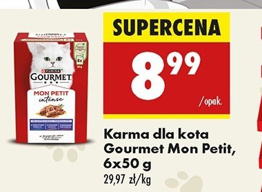 Karma dla kota wołowina + cielęcina + jagnięcina Purina gourmet mon petit promocja w Biedronka