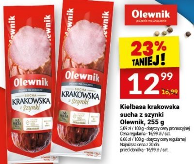 Kiełbasa krakowska sucha z szynki Olewnik, 255 g promocja w Twój Market