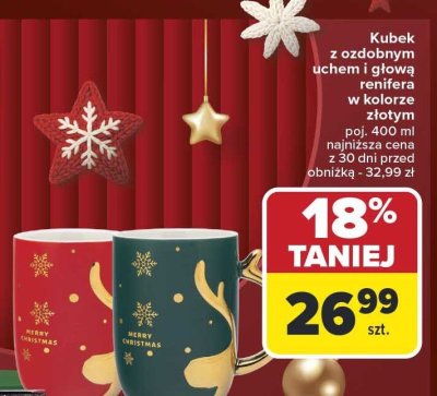 Kubek z ozdobnym uchem i głową renifera w kolorze złotym poj. 400 ml promocja w Carrefour