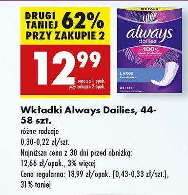 Wkładki higieniczne large Always dailies extra protect promocja