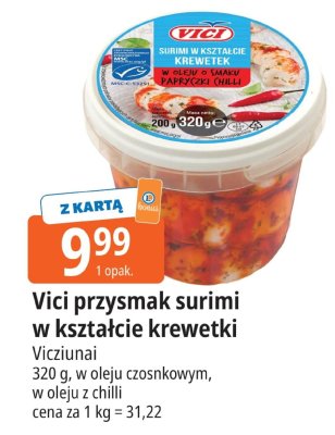 Przysmak surimi Vici w kształcie krewetki Vicziunai w oleju z chilli promocja w Leclerc